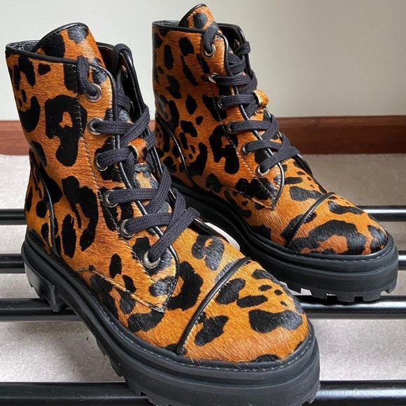 SCHUTZ Women Maylova Leopard Leather Calf Hair Combat Boots NEW NWOB - Picture 7 of 8
